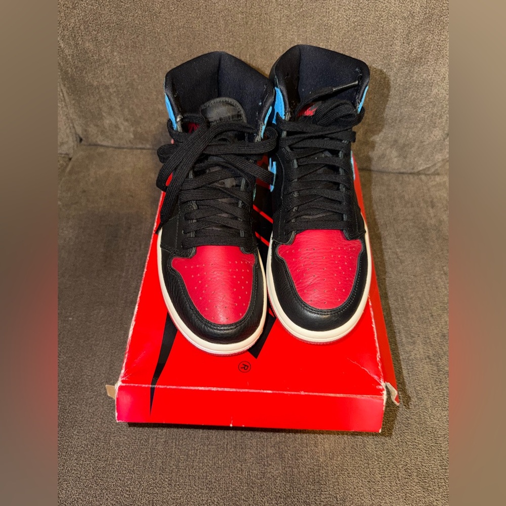 Air Jordan 1 UNC to Chicago High-Top Sneakers in Black/Red with Blue Accents
